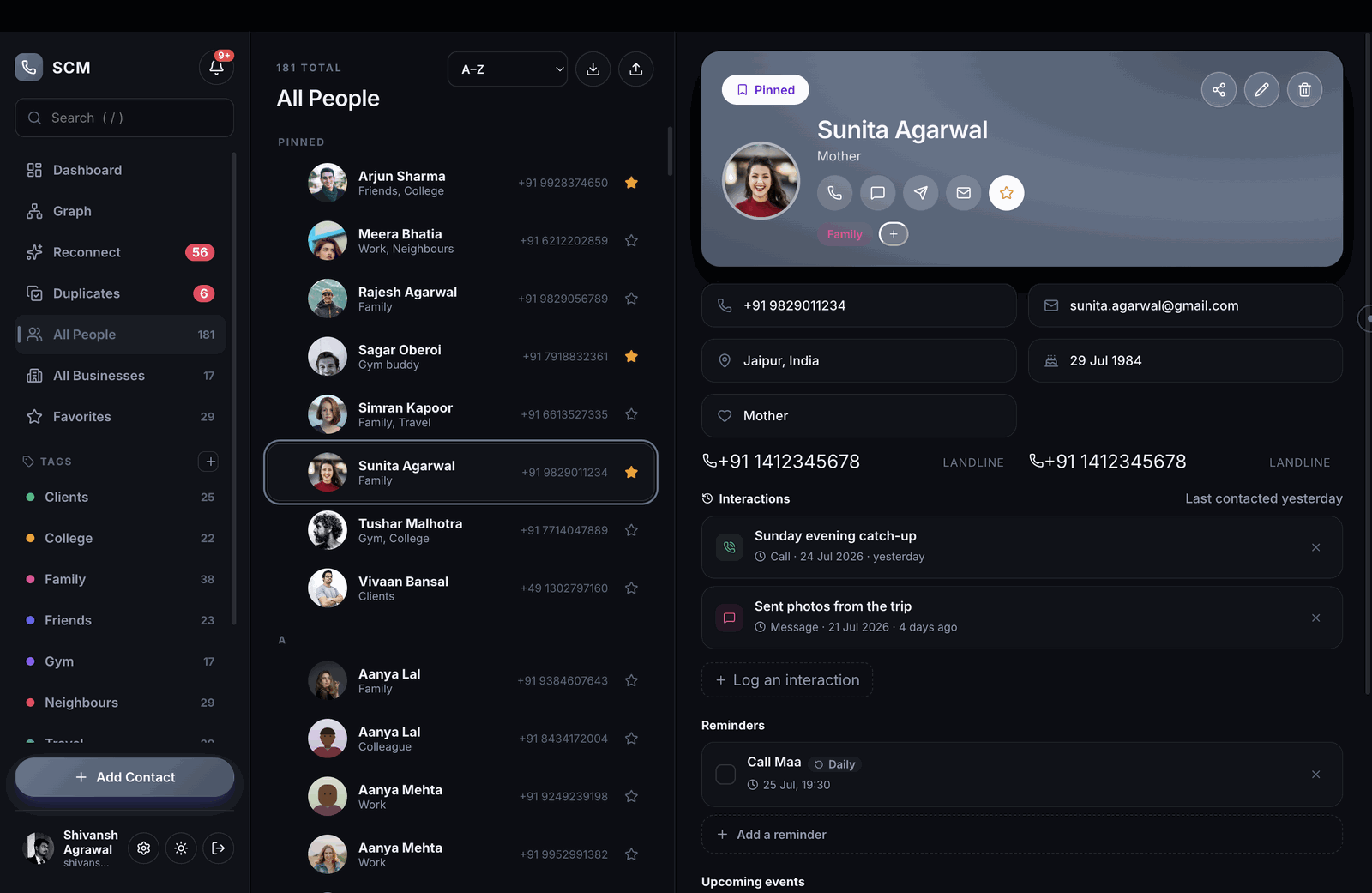 Contact detail with interactions and reminders