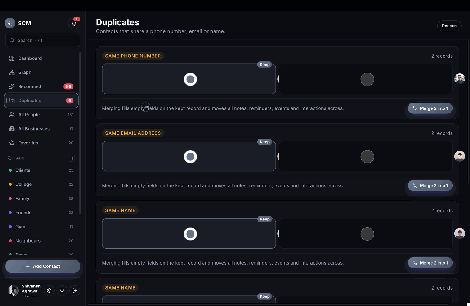 Duplicate detection and merge workflow