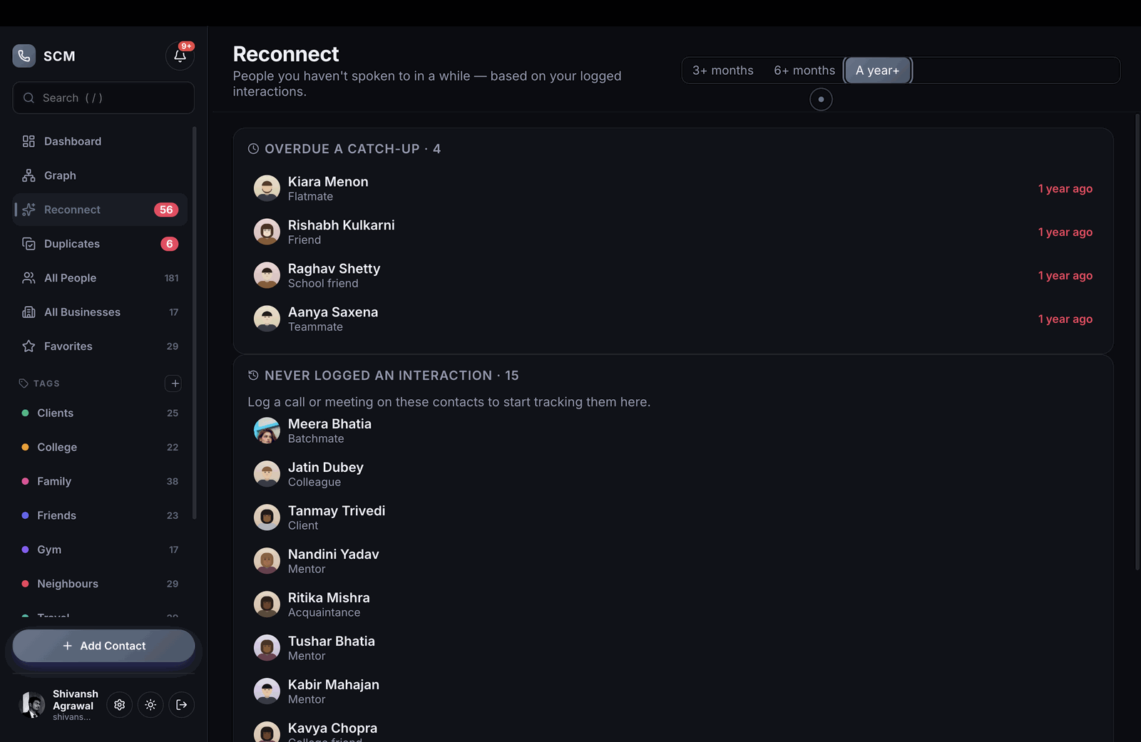 Reconnect list ranked by stale interactions