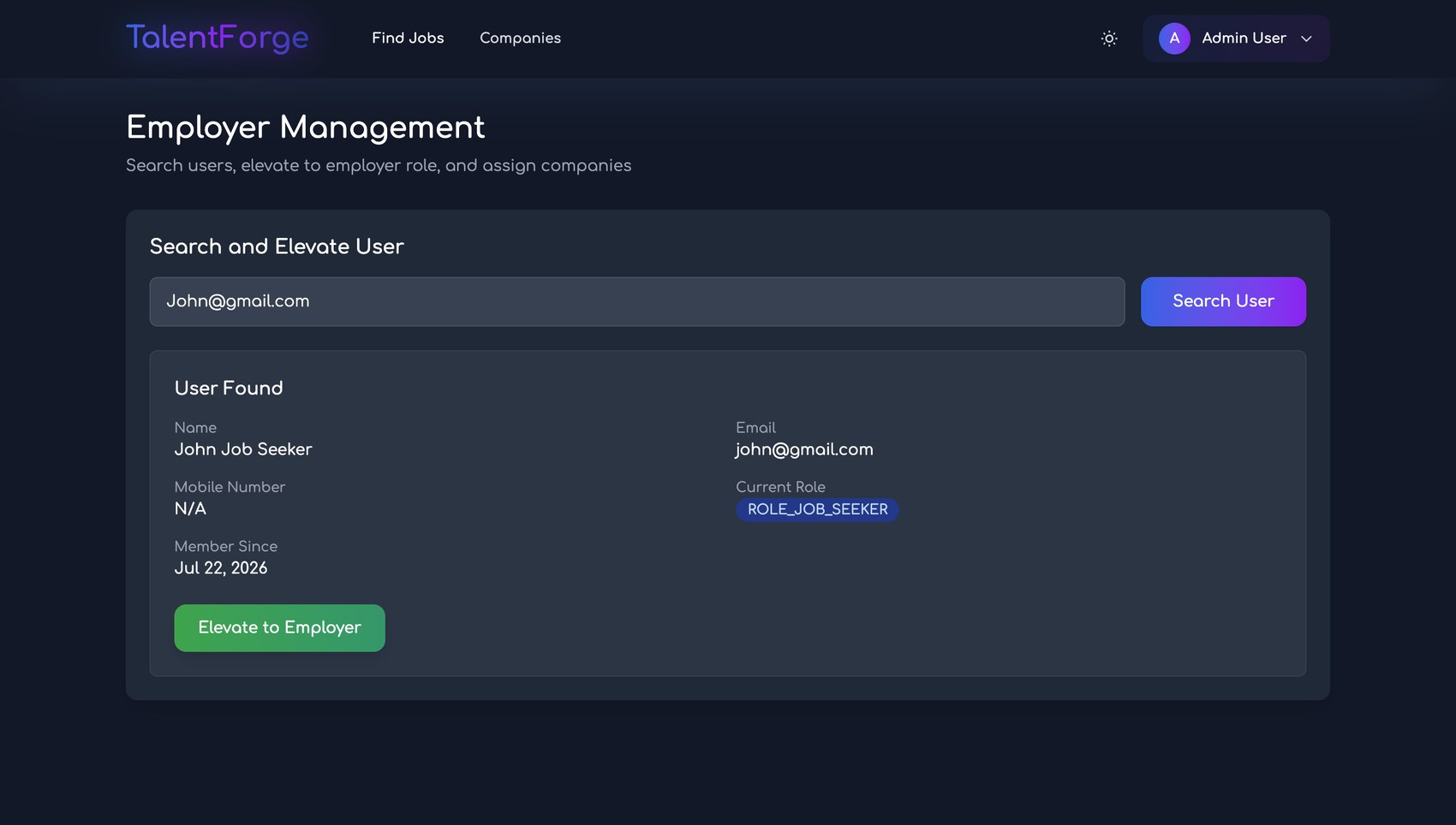 TalentForge admin promote user to employer