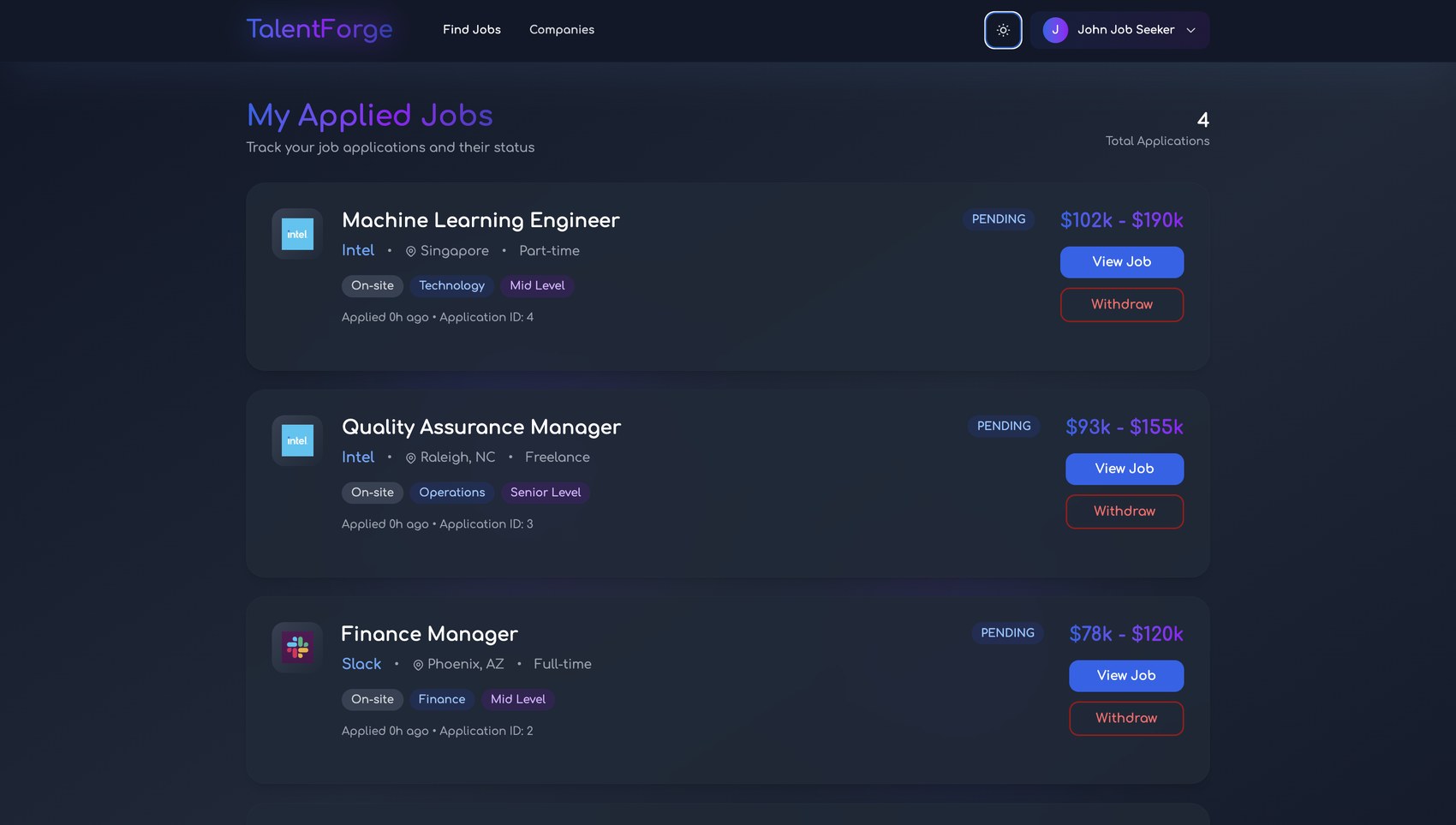 TalentForge applied jobs tracking with status