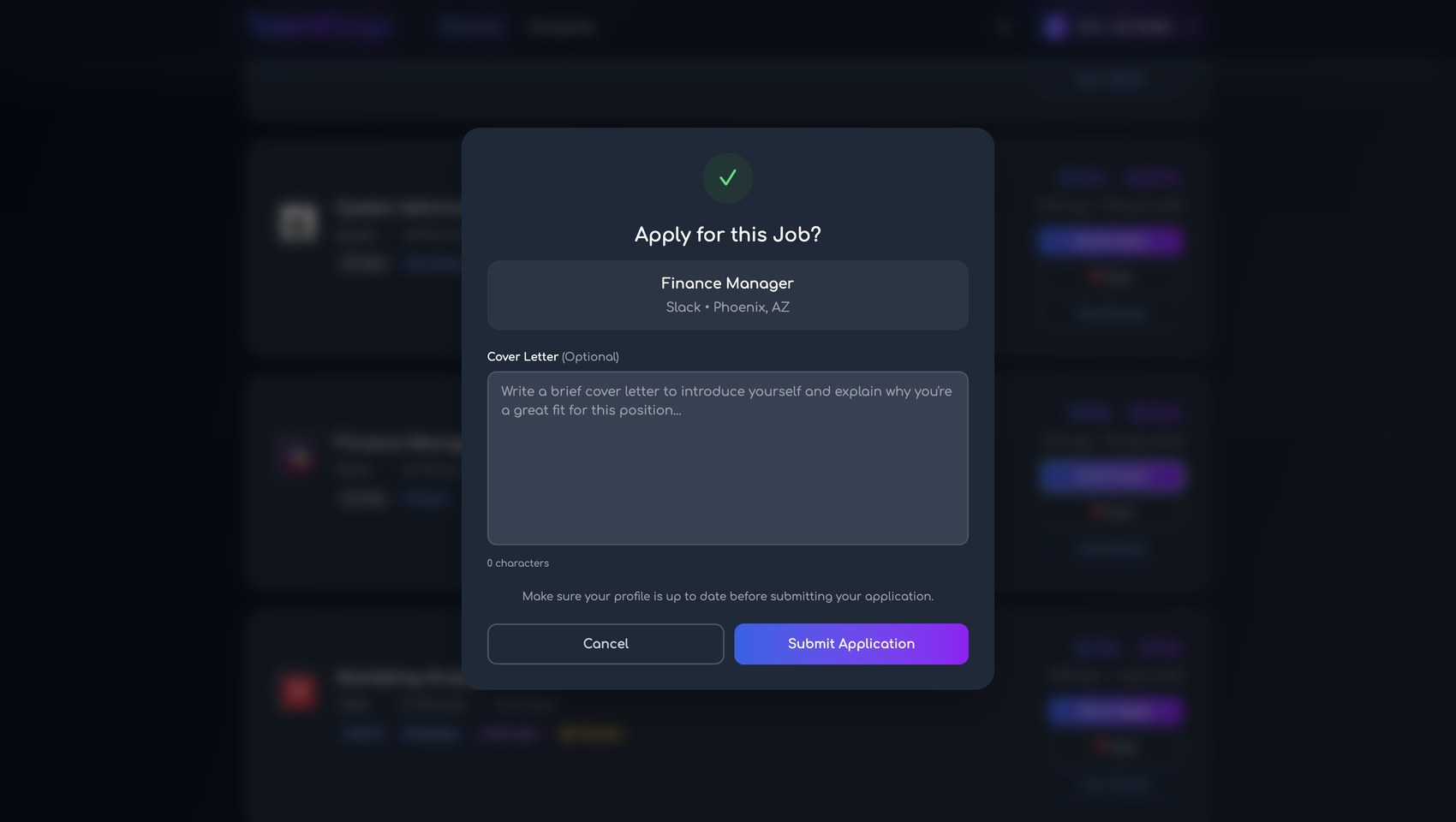 TalentForge apply modal with cover letter