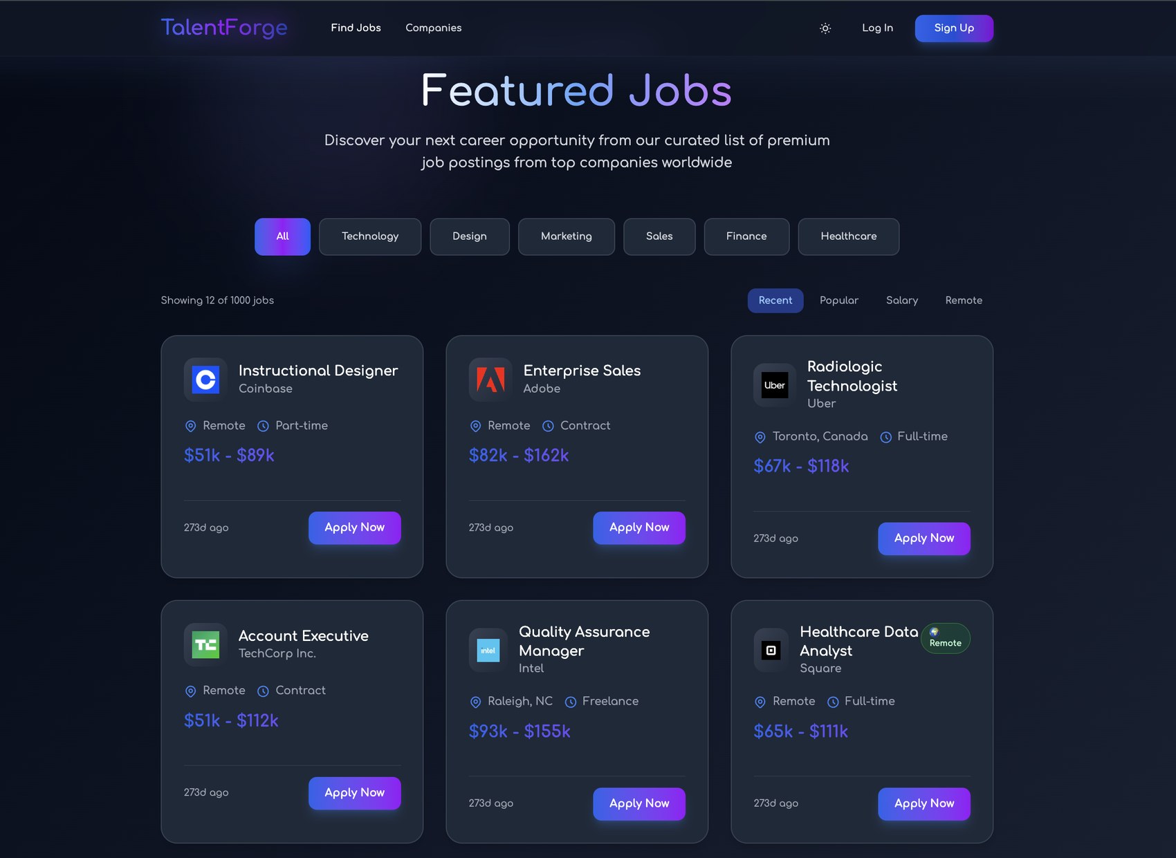 TalentForge featured jobs listing with filters