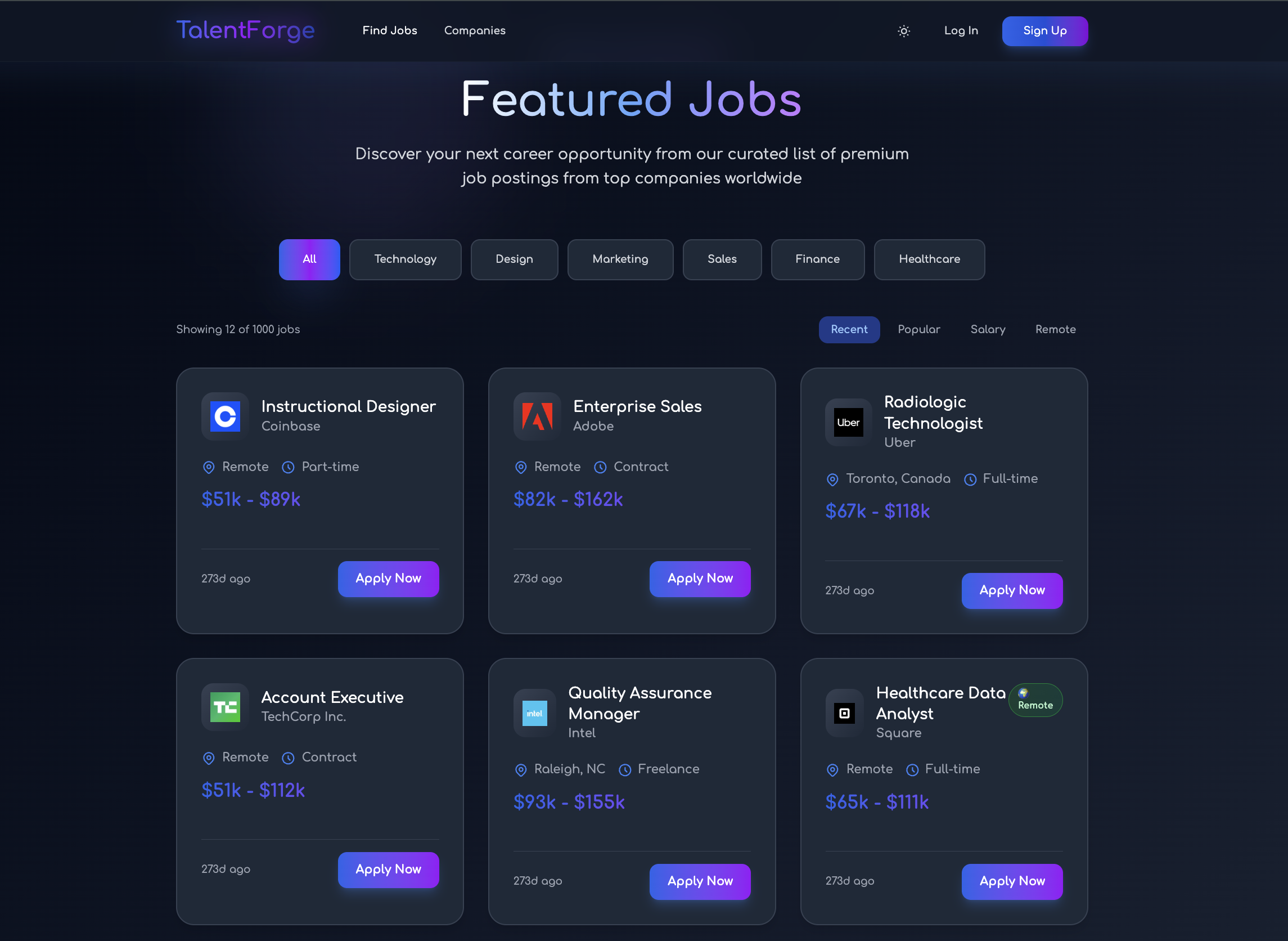 TalentForge featured jobs screen with job cards, filters and apply actions