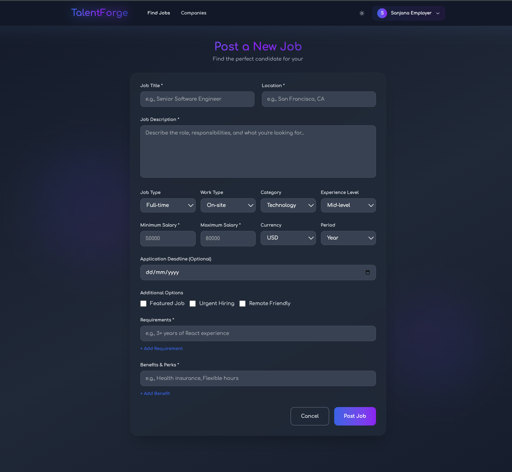 TalentForge employer post job form with job details, salary and requirements