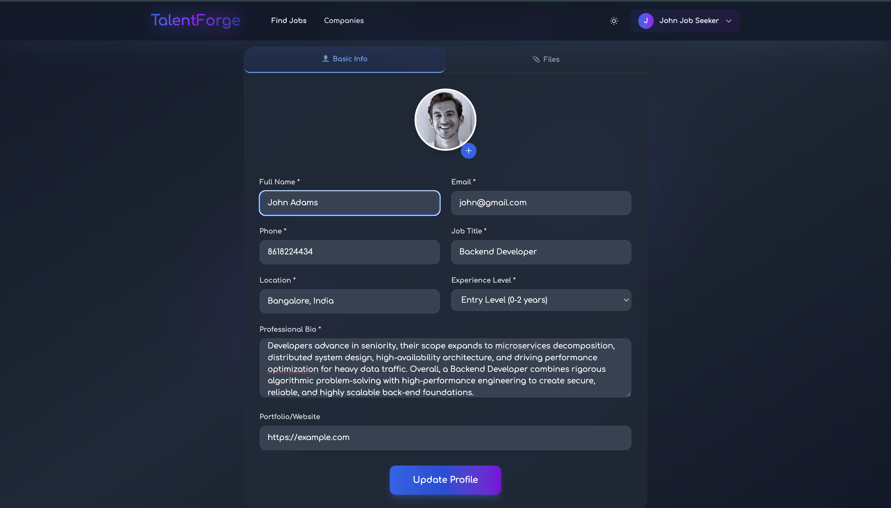 TalentForge job seeker profile editing screen with resume and basic details