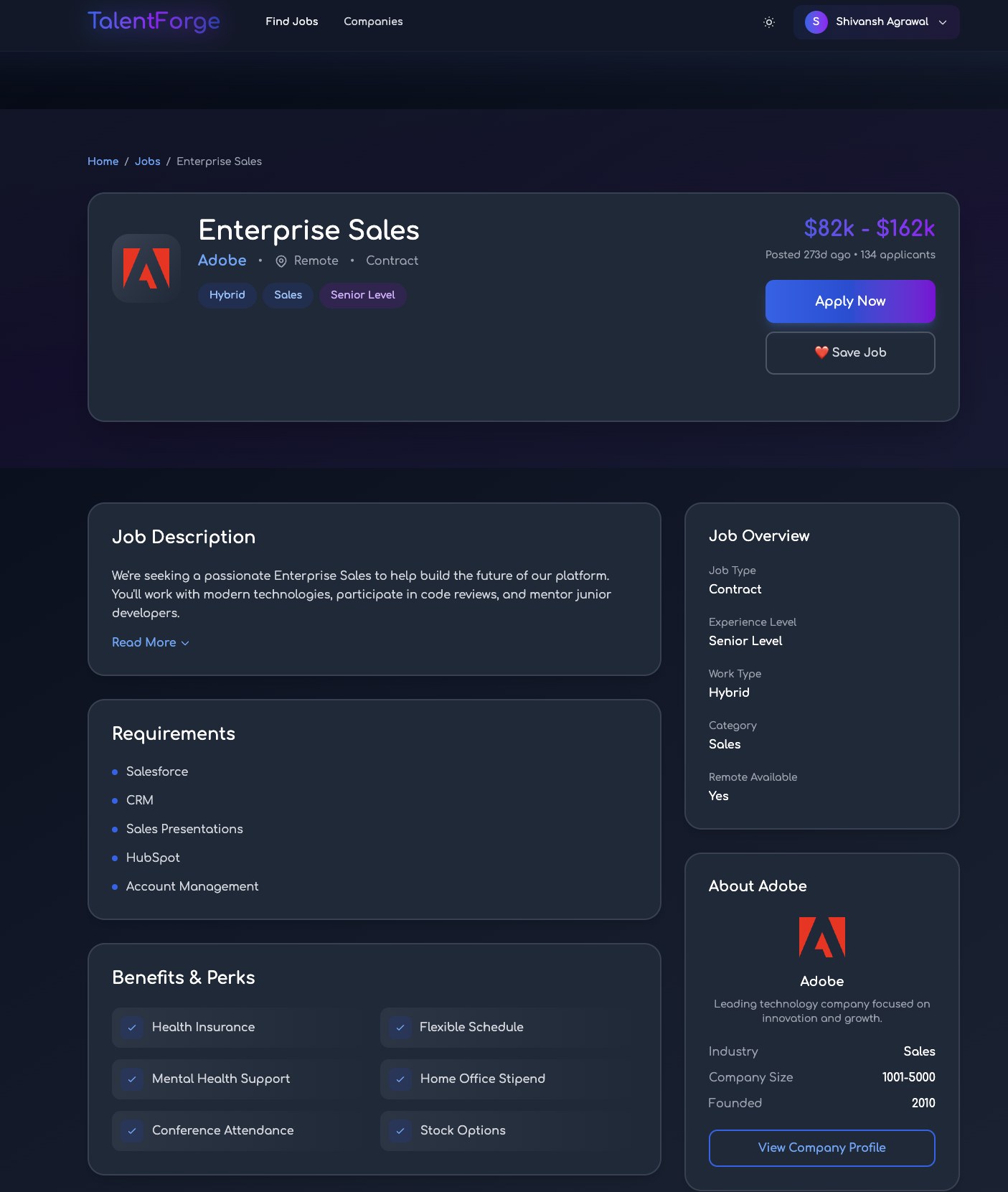 TalentForge job detail — requirements, benefits and salary