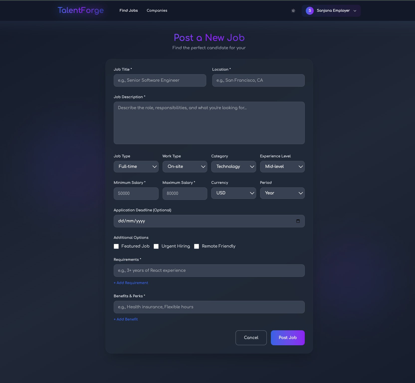TalentForge employer post a new job form