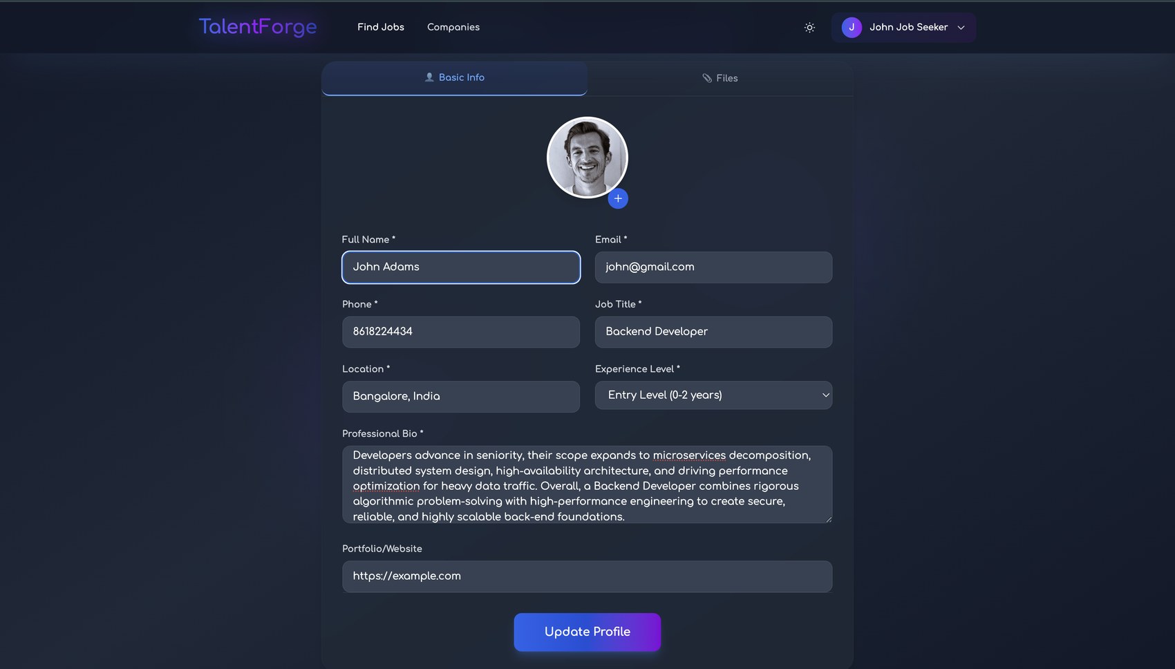 TalentForge profile with resume and picture upload