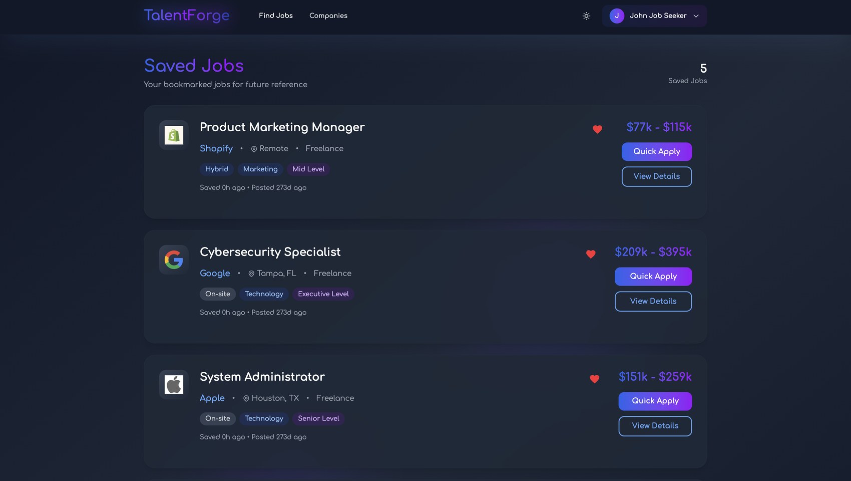 TalentForge saved jobs list